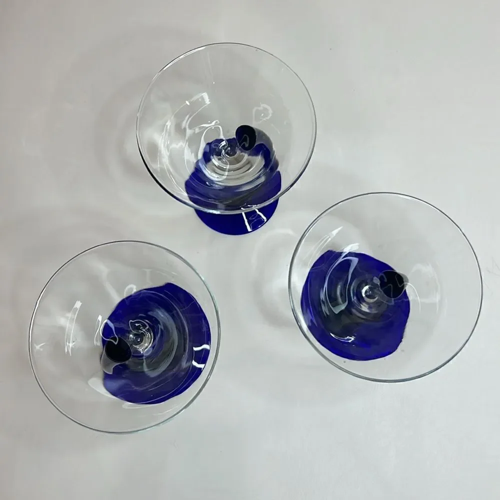 Libby Martini Glasses Cobalt Blue Curved Stem Art Glass Swerve Bravura Set 3